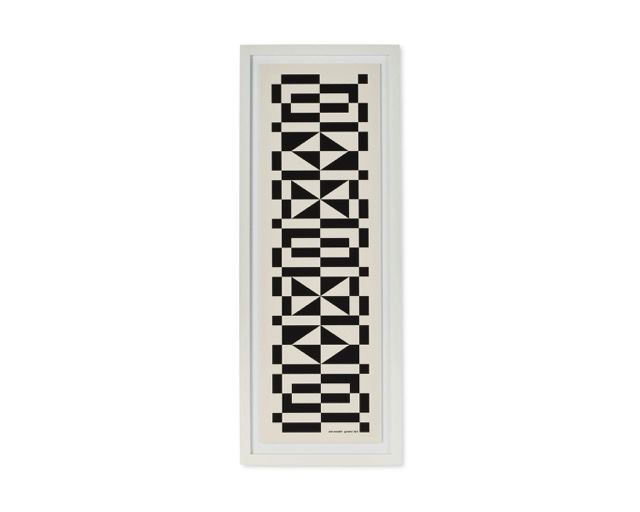 Black-and-white framed geometric building illustration with arches, domes, and flags