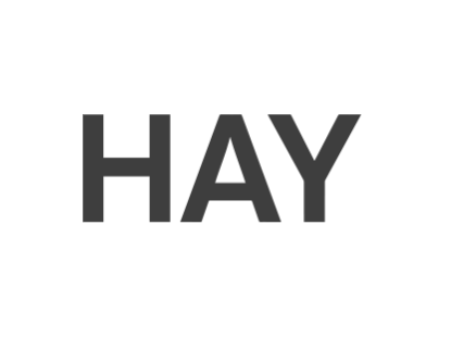 Black text reading “HAY” on a white background
