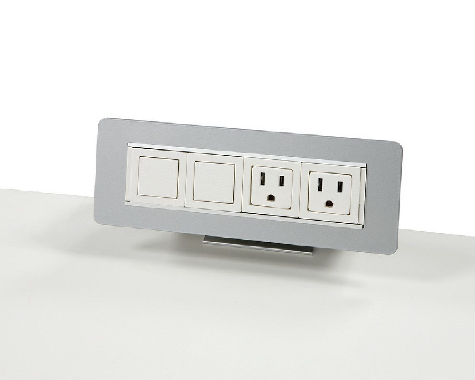 Wall-mounted gray electrical panel with two switches and two outlets on a white background