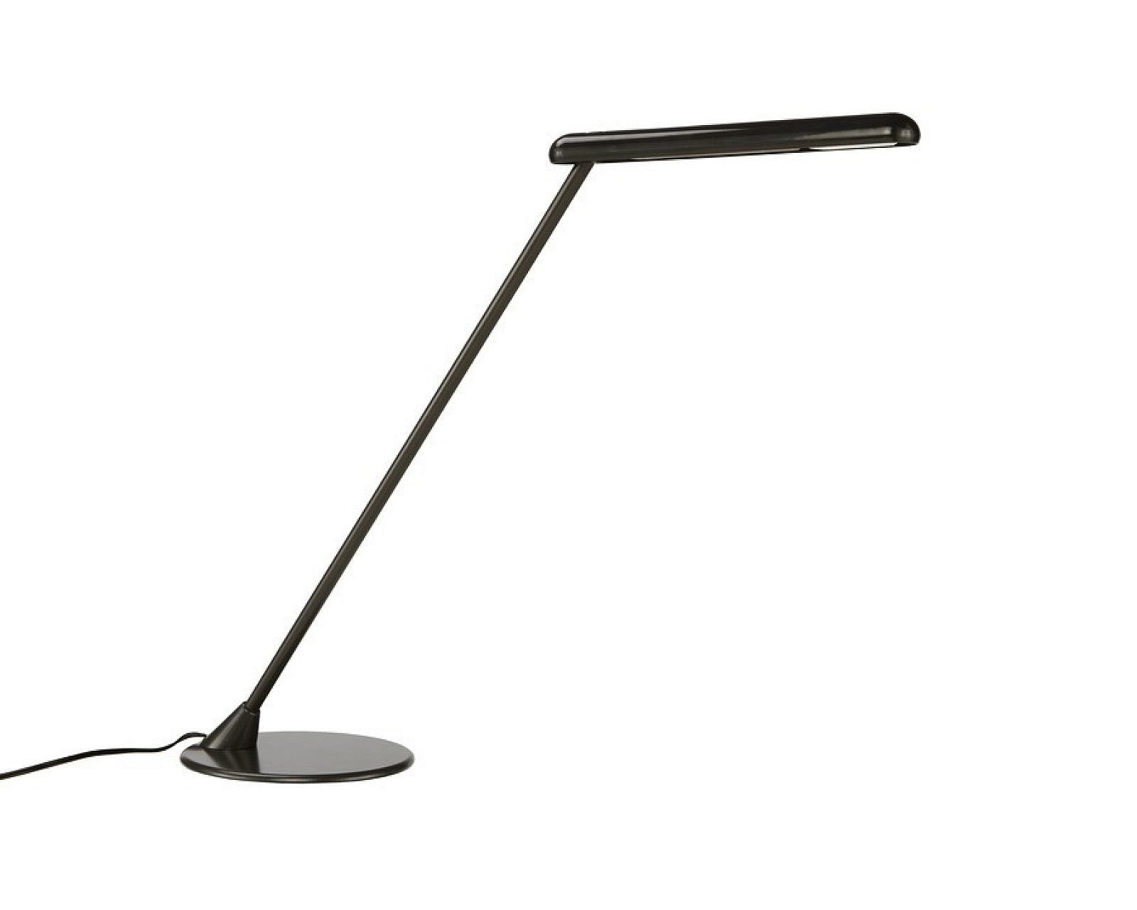Black adjustable desk lamp with a long angled arm and round base on a white background