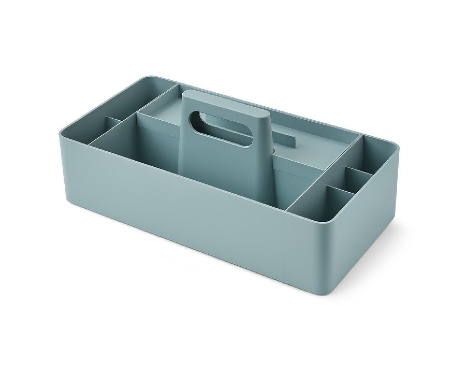 Light blue plastic storage caddy with handle and divided compartments on white background