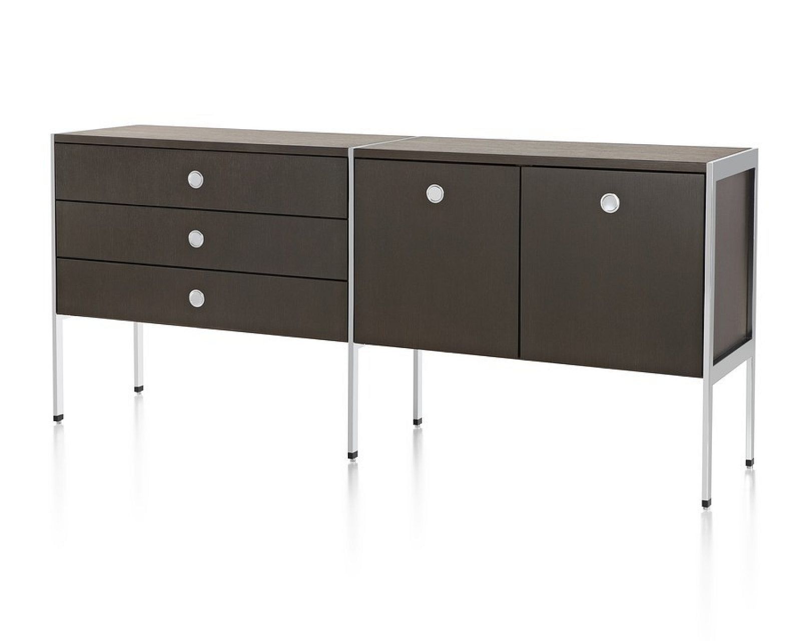 Modern dark brown modular cabinet with drawers and chrome legs on a white background