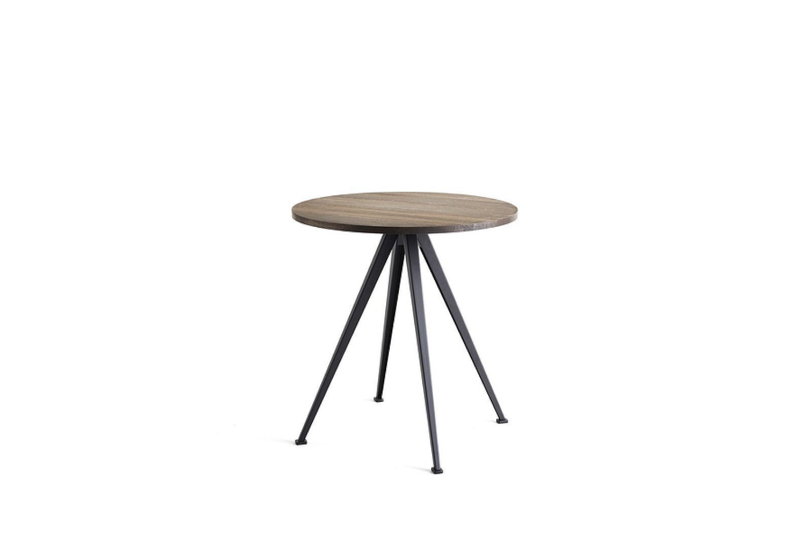 Round wooden table with black metal legs on a white background