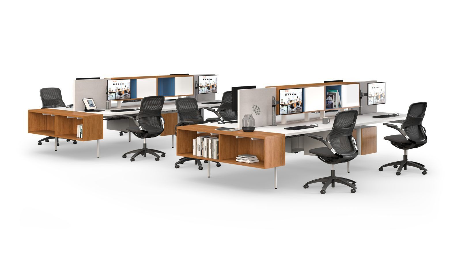 Modern open-plan office with white desks, chairs, partitions, and large windows overlooking a city skyline