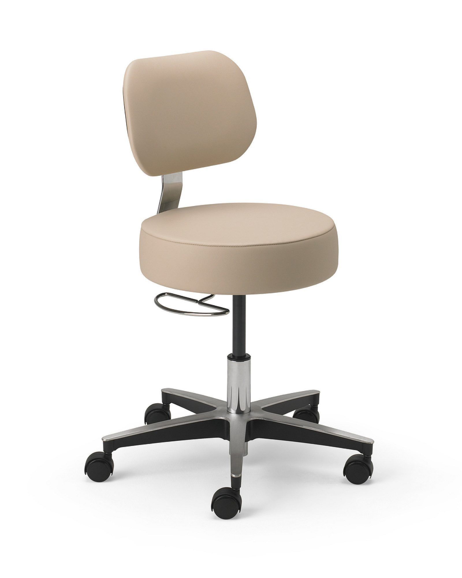 Beige office task chair with casters and adjustable seat on a white background
