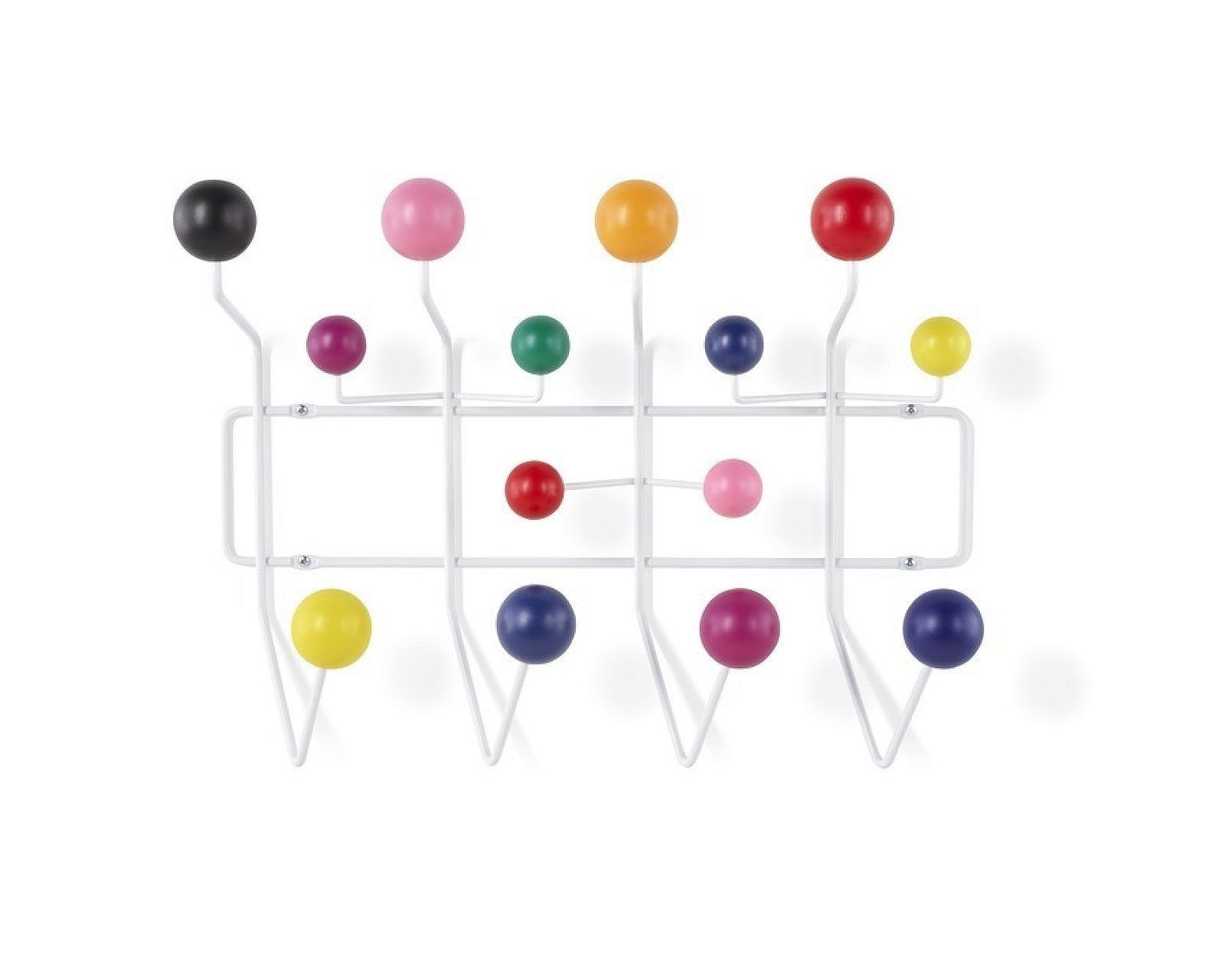 Colorful wall-mounted coat rack with round knobs in black, pink, orange, red, yellow, and blue