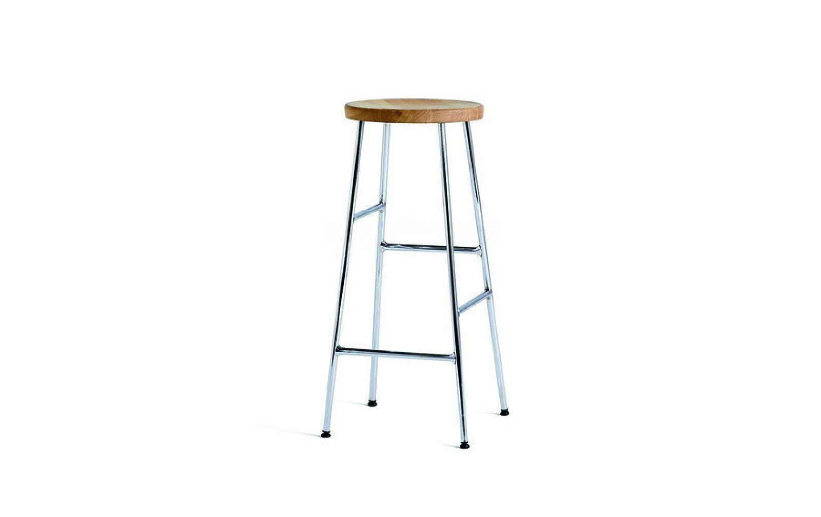 Black metal bar stool with round wooden seat on a white background