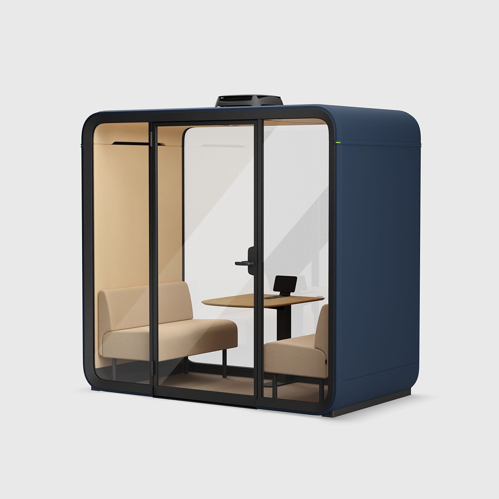 Blue phone booth-style privacy pod with glass walls, bench, and small table inside