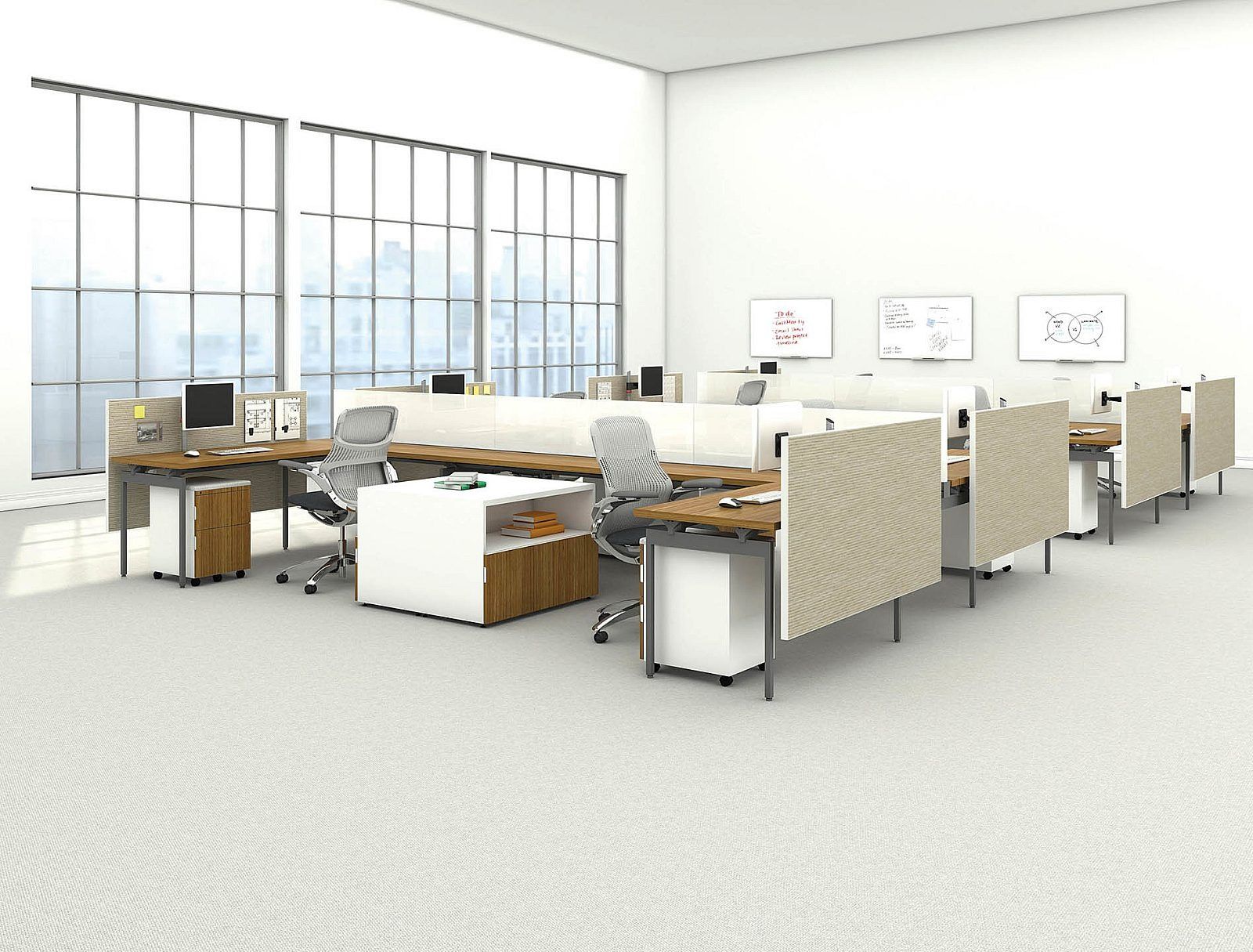 Modern open-plan office with white desks, chairs, partitions, and large windows overlooking a city skyline