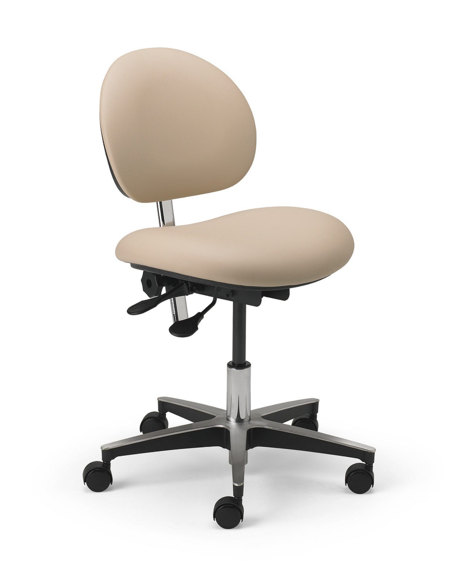 Beige office task chair with casters and adjustable seat on a white background