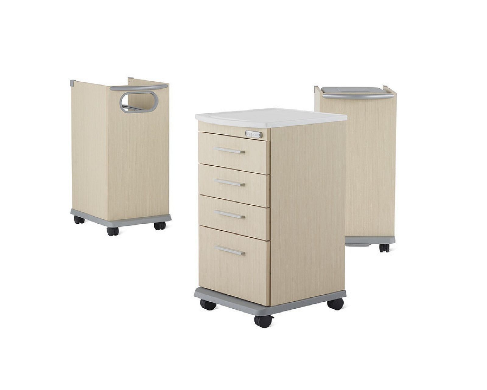 Three beige rolling file cabinets on a white background, one with drawers, two with handles