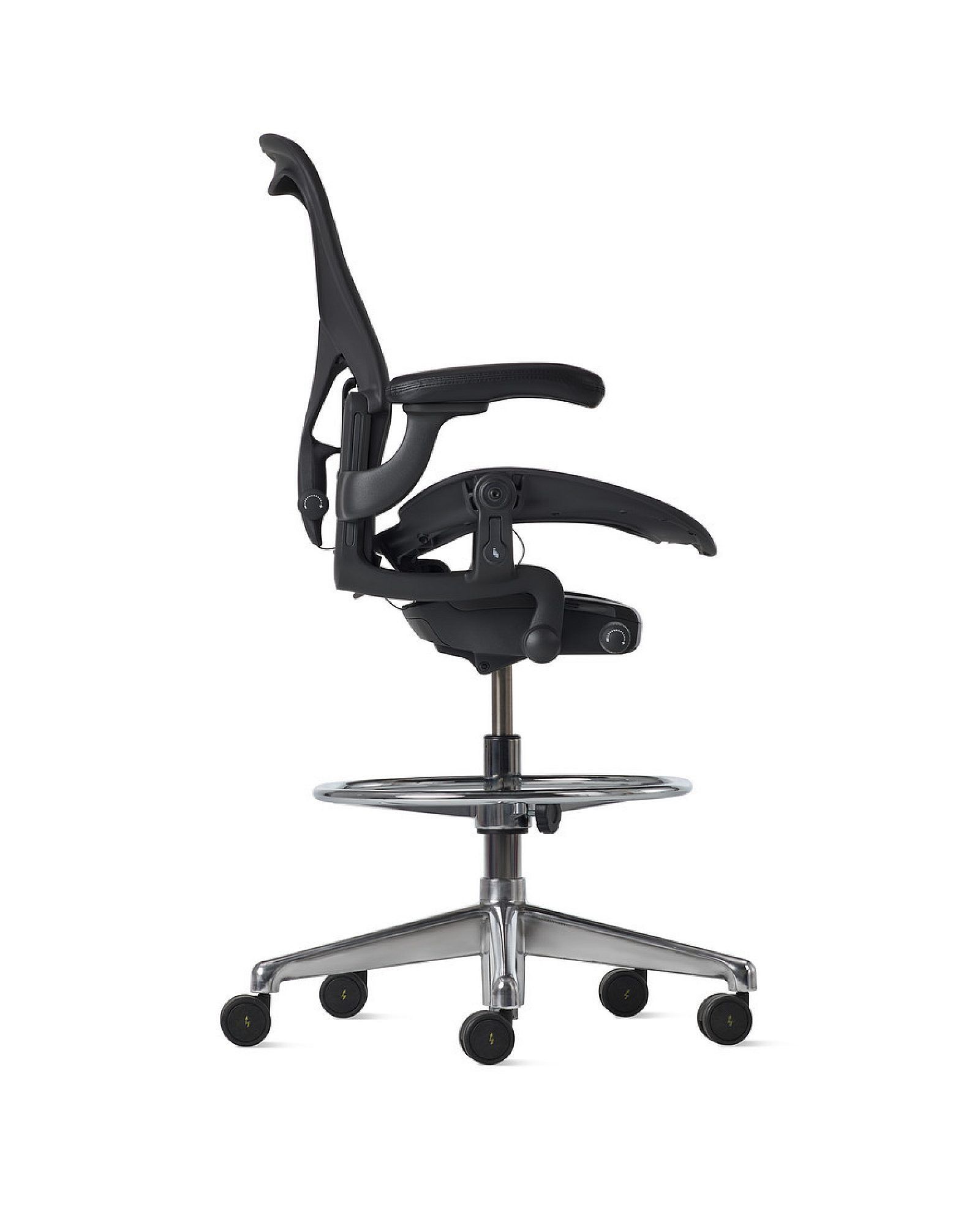 Black ergonomic office chair with mesh back, armrests, and chrome base on a white background