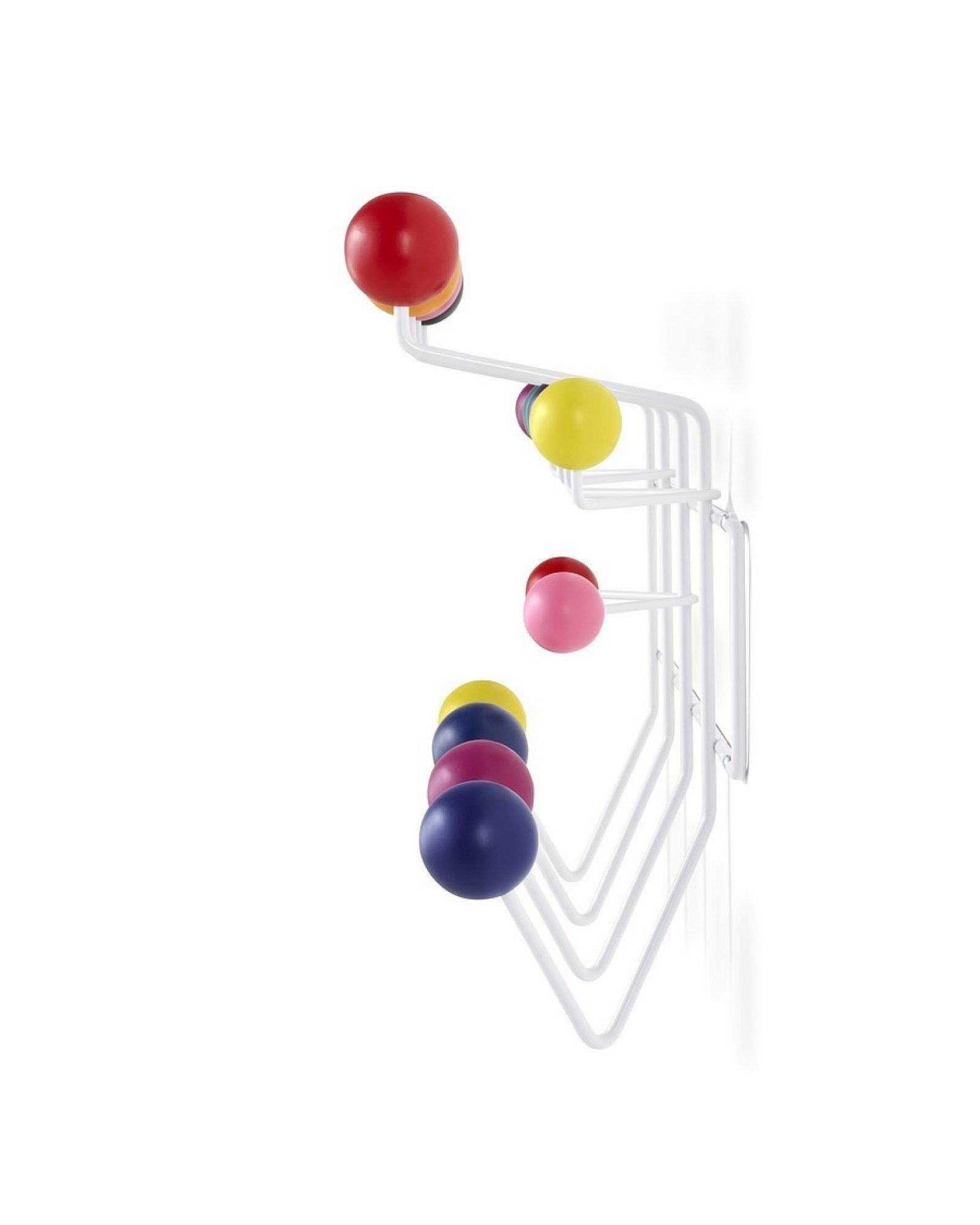 Colorful wall-mounted coat rack with round knobs in black, pink, orange, red, yellow, and blue
