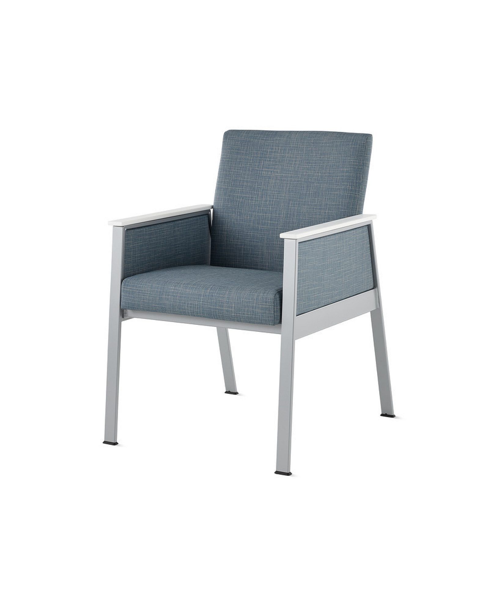 Gray upholstered armchair with metal legs and armrests on a white background