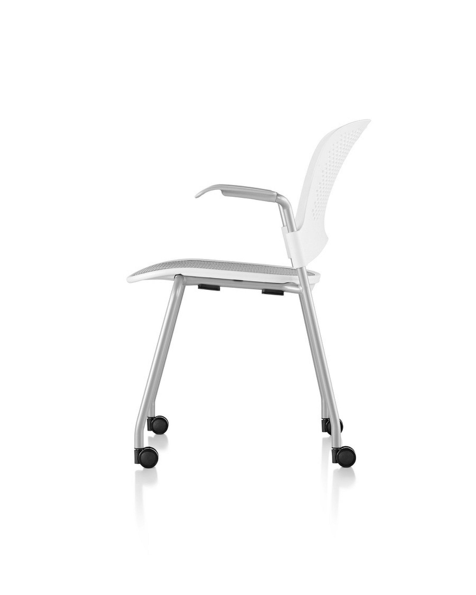 White mesh office chair with wheels on a white background