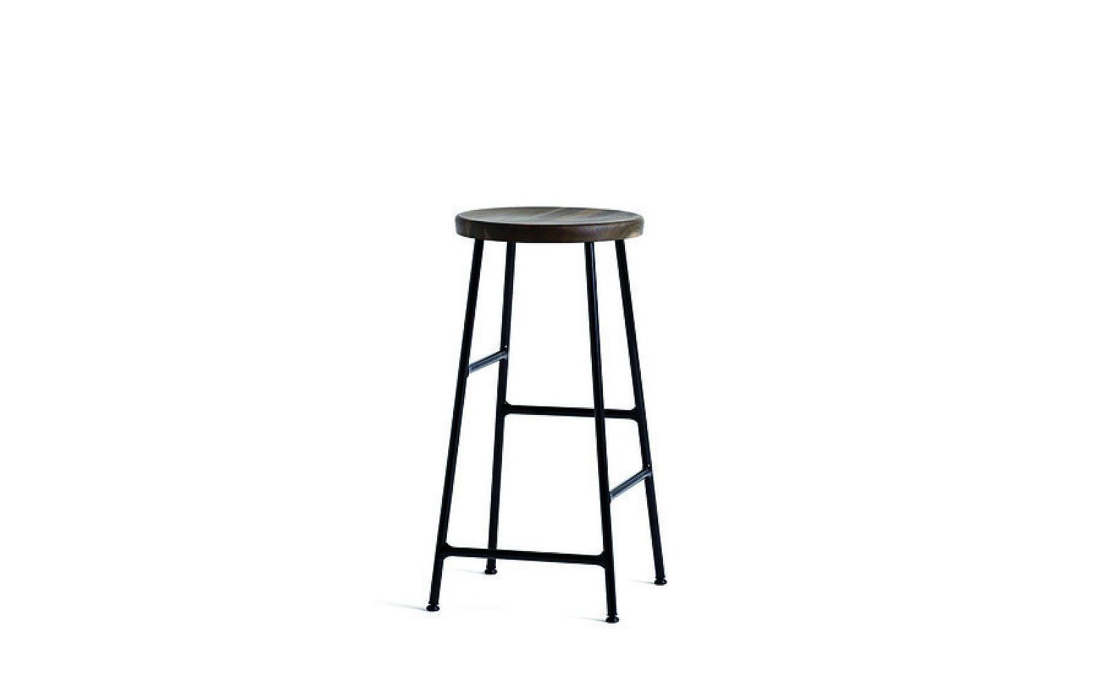 Black metal bar stool with round wooden seat on a white background