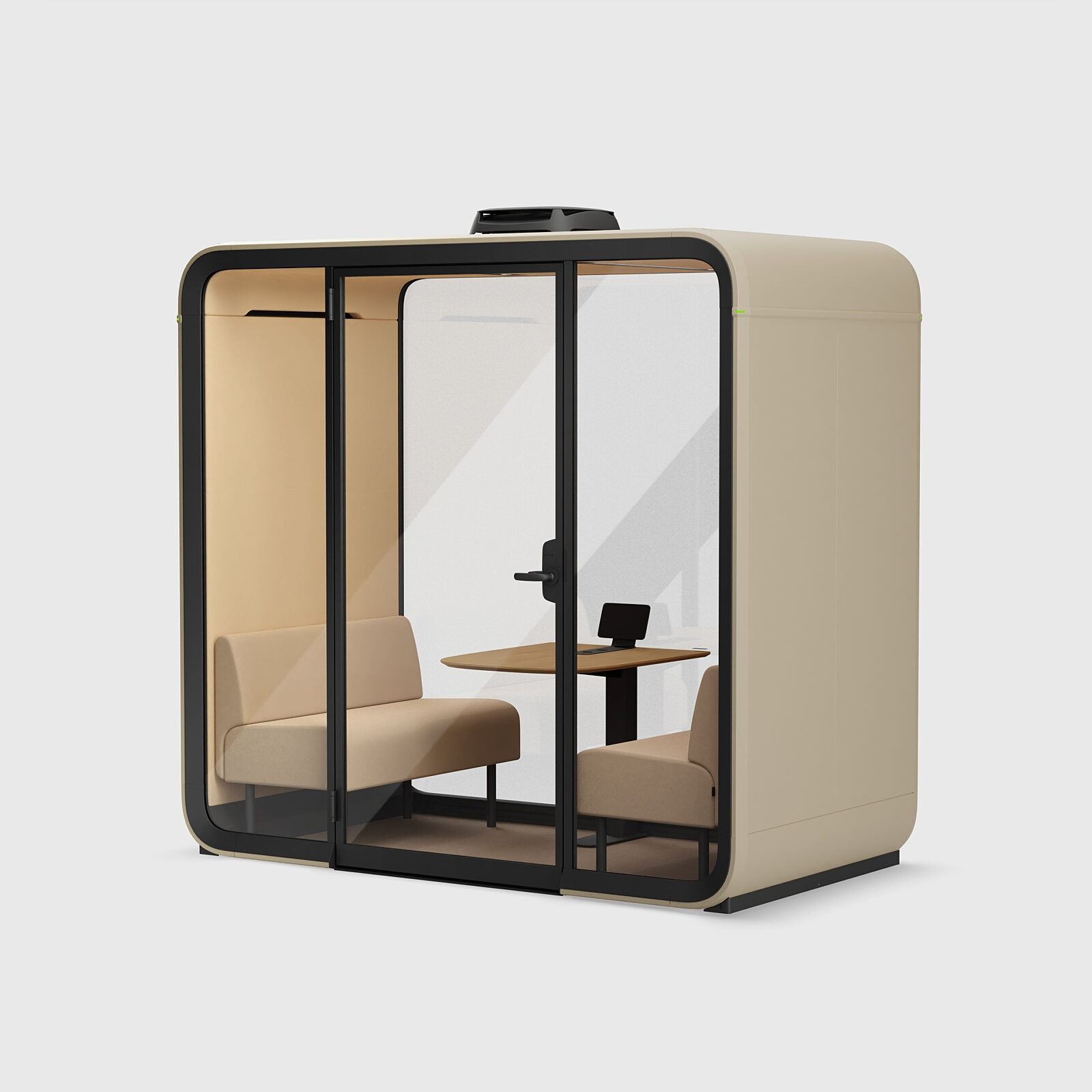 Blue phone booth-style privacy pod with glass walls, bench, and small table inside