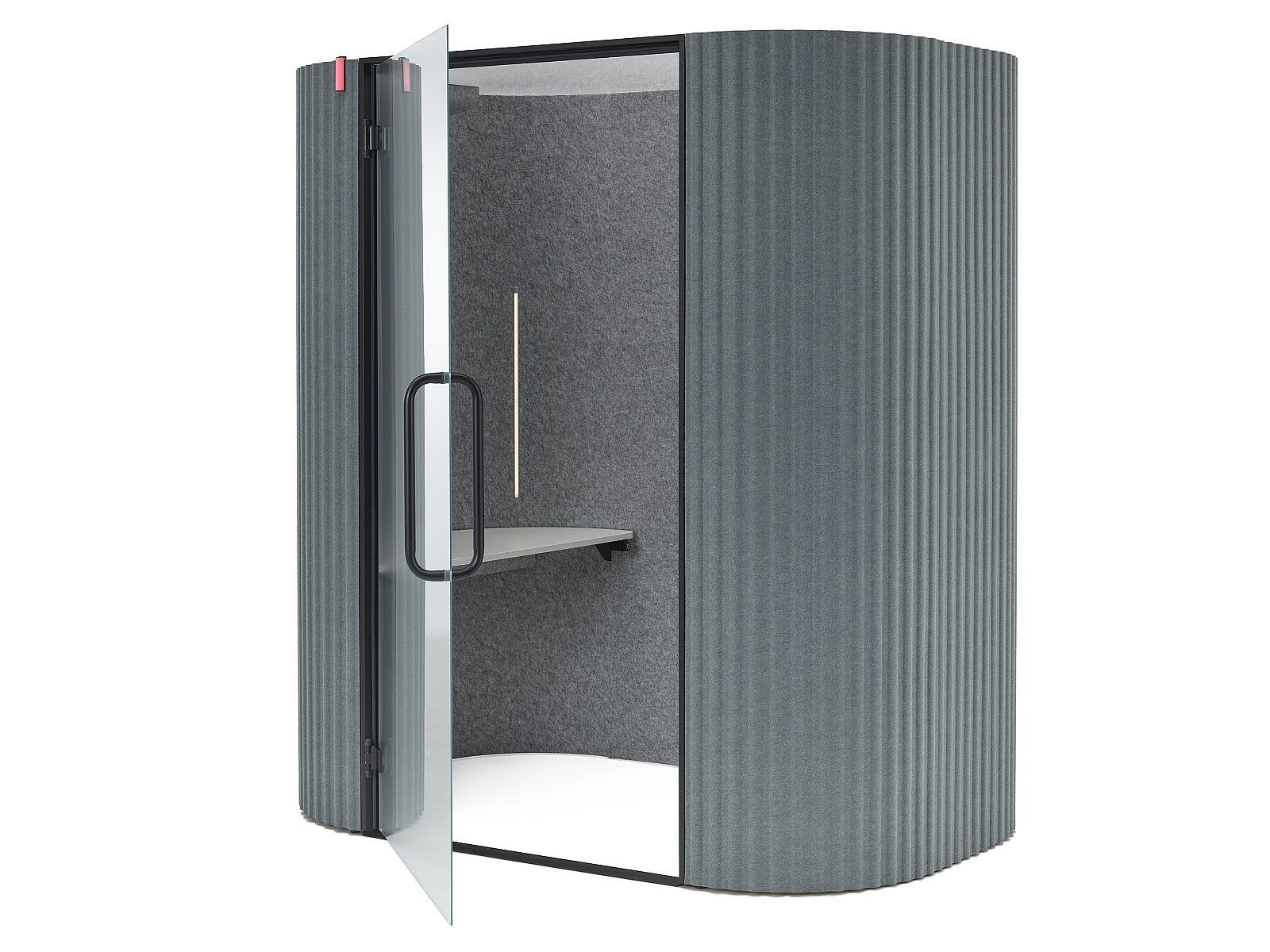 Gray modular privacy booth with an open door, visible shelf, and black handle