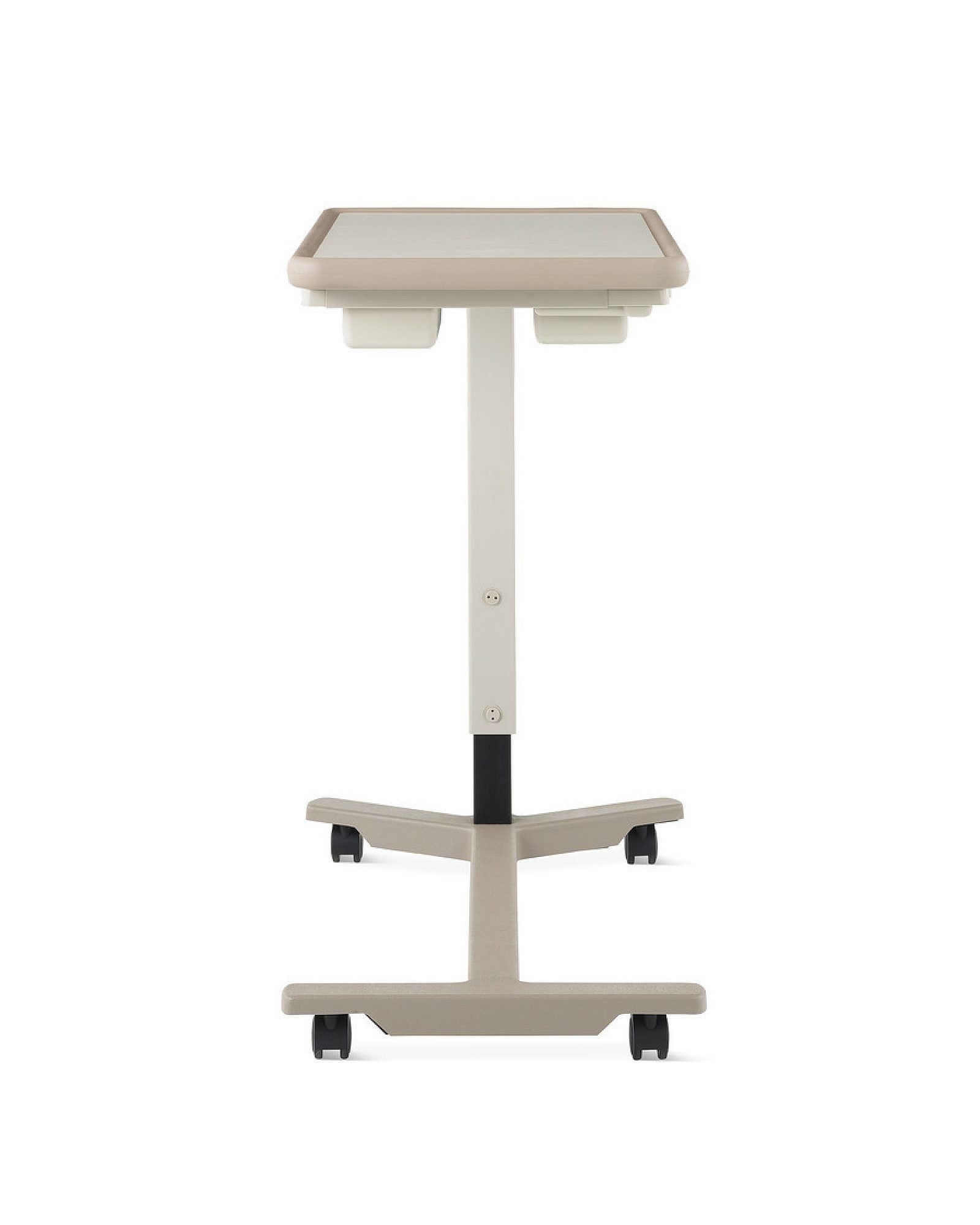 Beige wheeled medical overbed table with height-adjustable top and base on casters