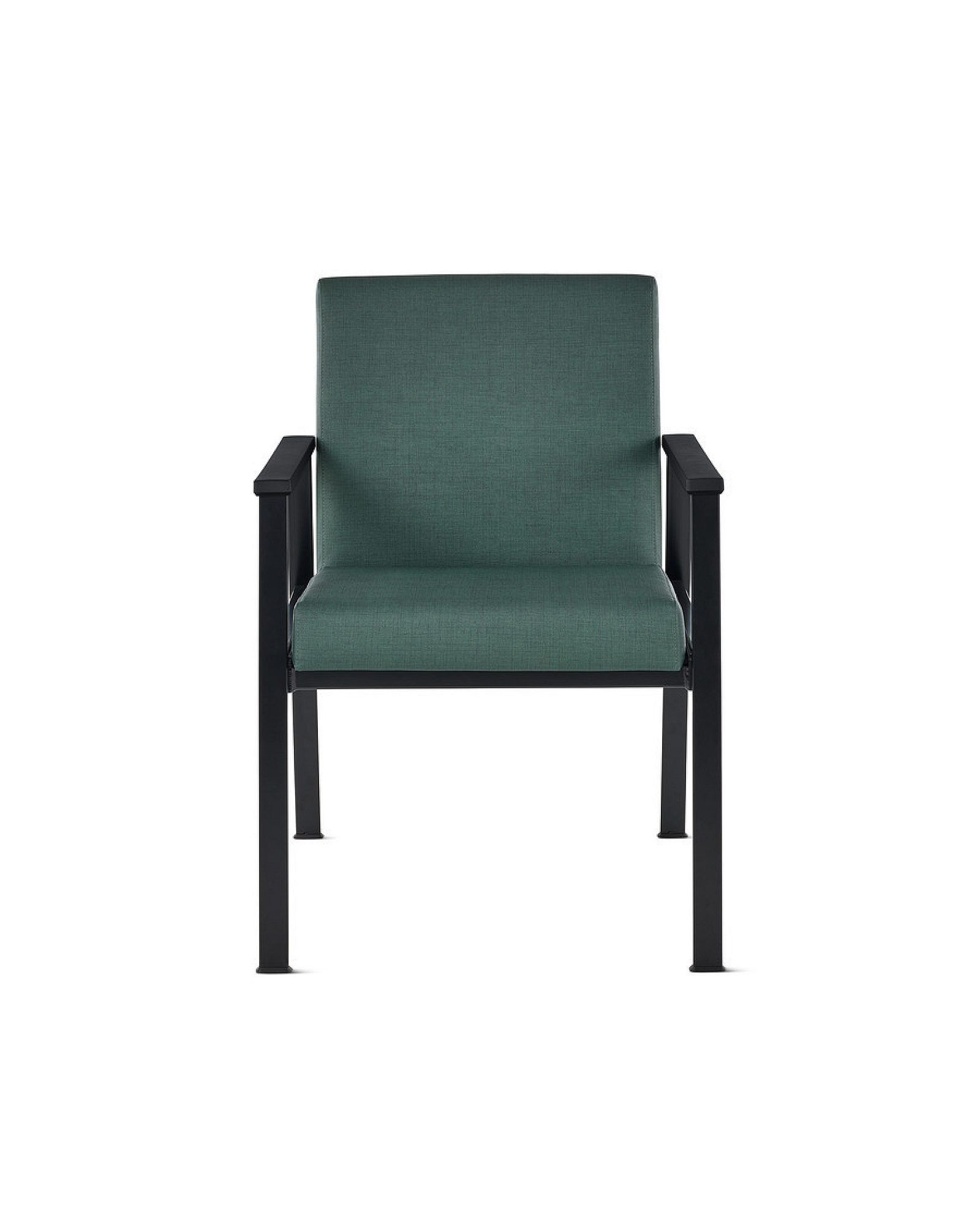 Gray upholstered armchair with metal legs and armrests on a white background