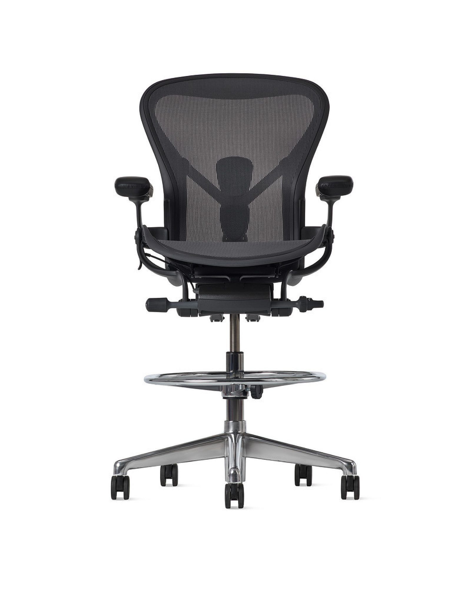 Black ergonomic office chair with mesh back, armrests, and chrome base on a white background