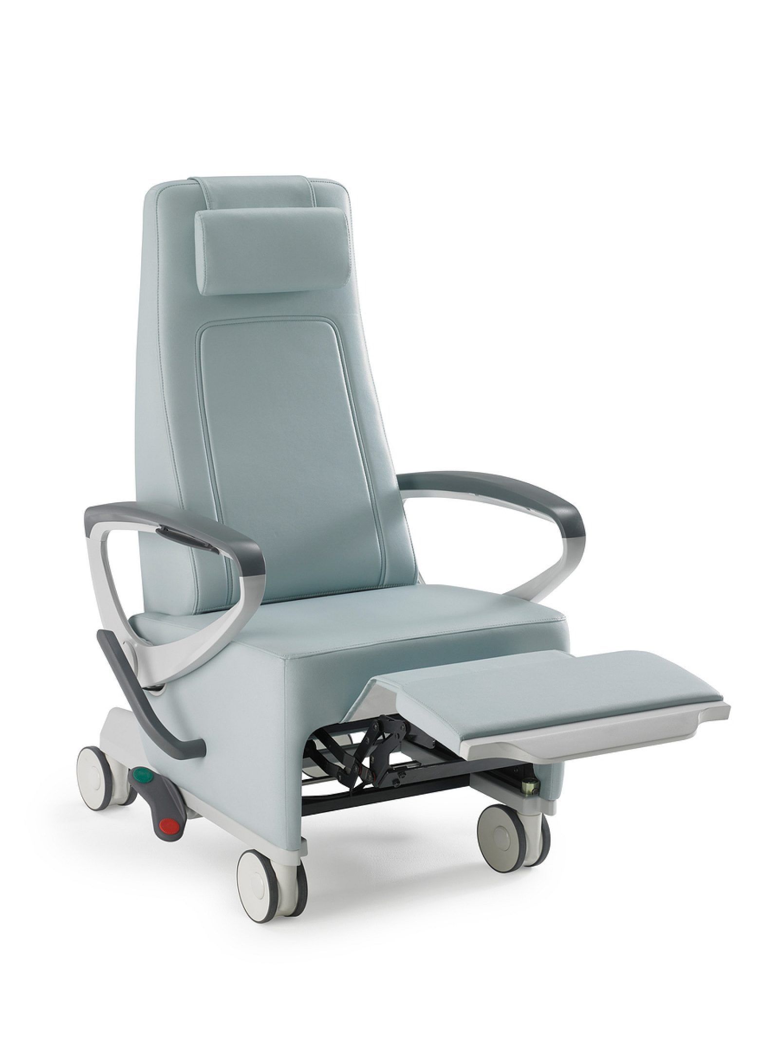 Light gray wheelchair with padded backrest, armrests, leg rest, and small caster wheels