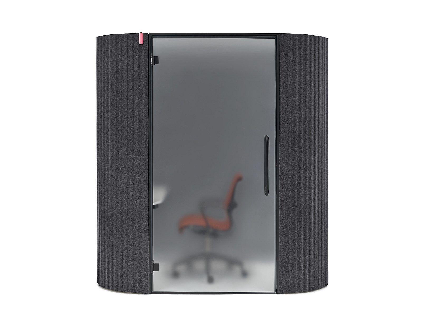 Glossy black office chair inside a small curved booth with dark textured sides