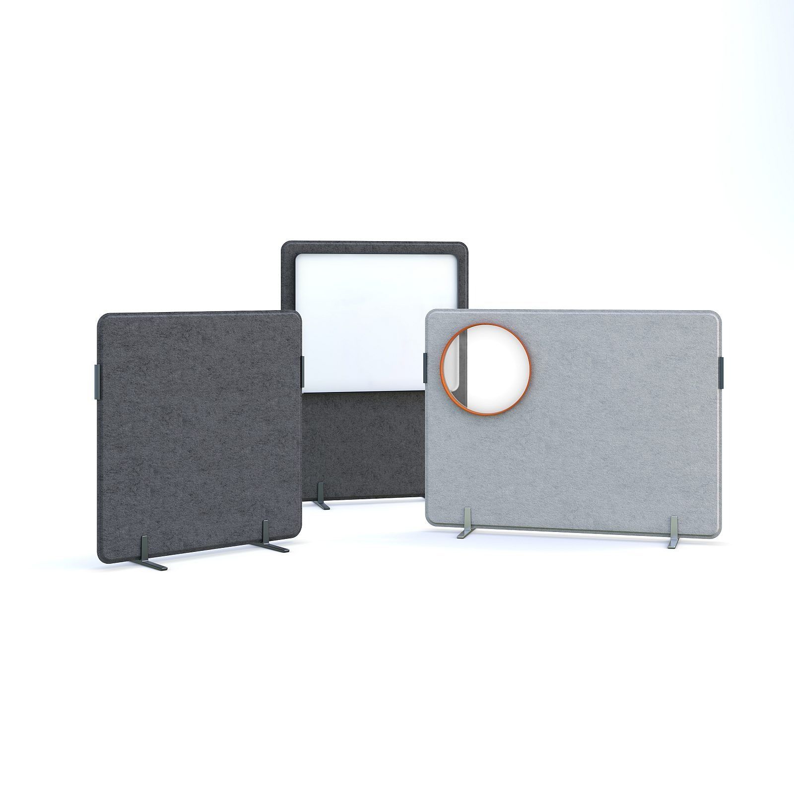 Three gray acoustic privacy panels, one with a round cutout, on stands against white background