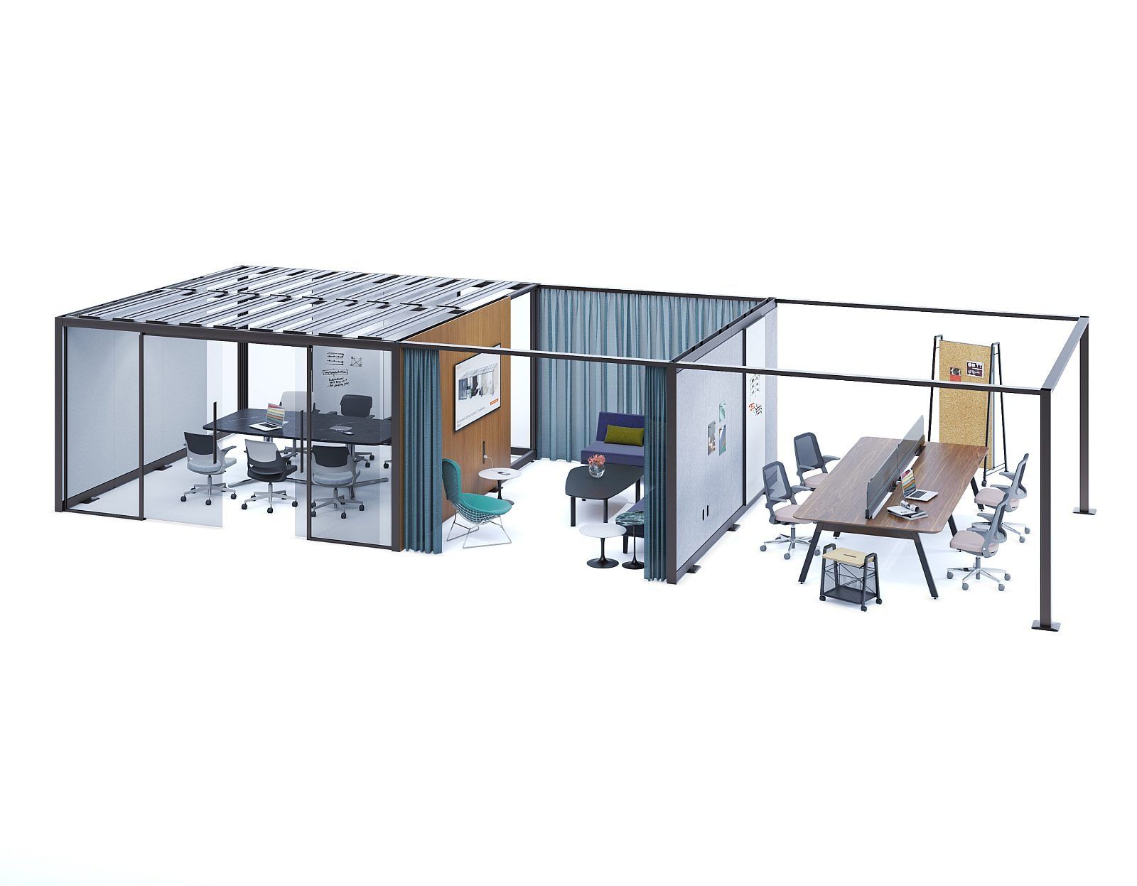 Open-plan office with glass-walled meeting rooms and desks, seen in a cutaway layout.