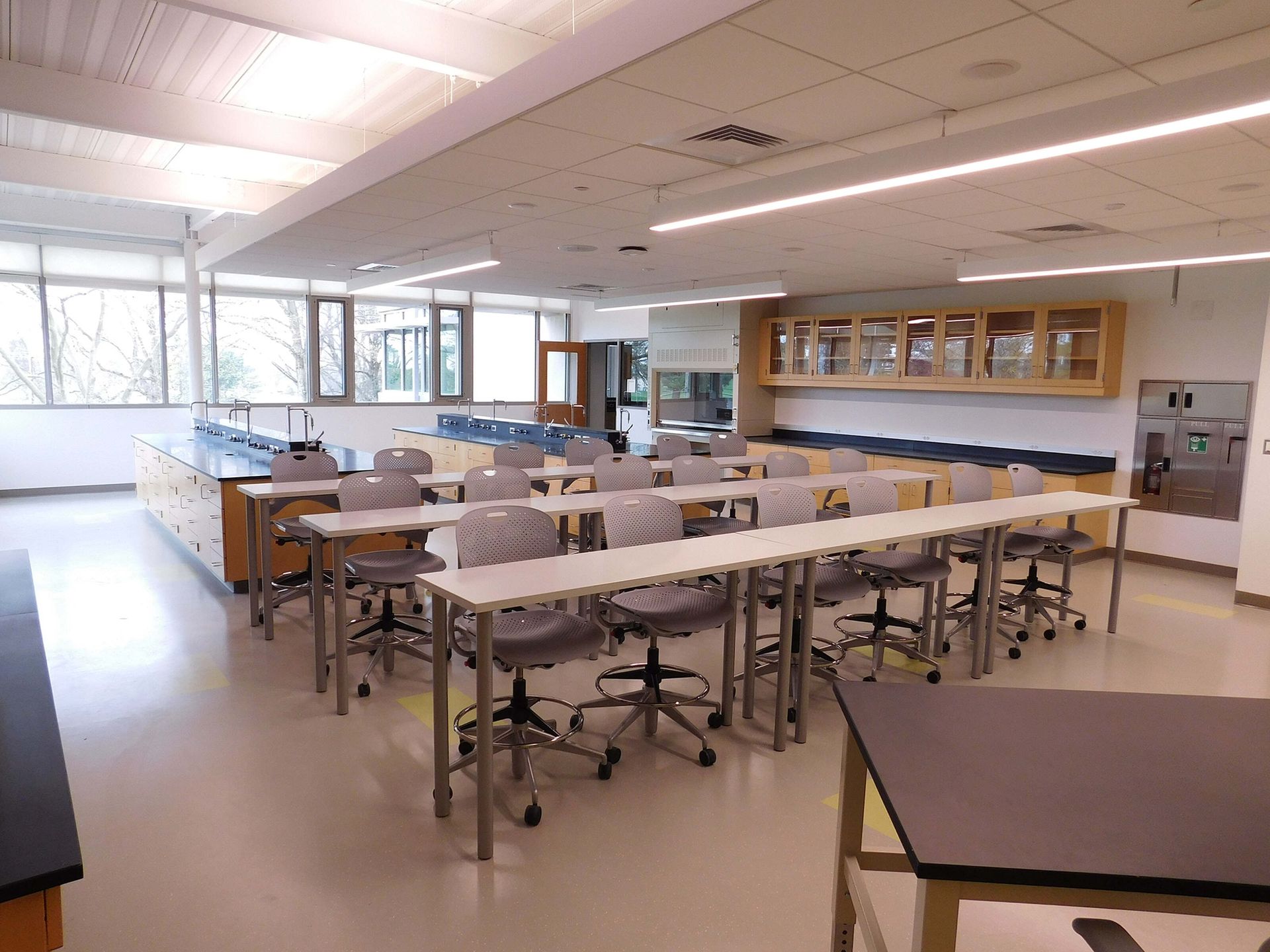 Empty science classroom with lab tables, stools, cabinets, and large windows.