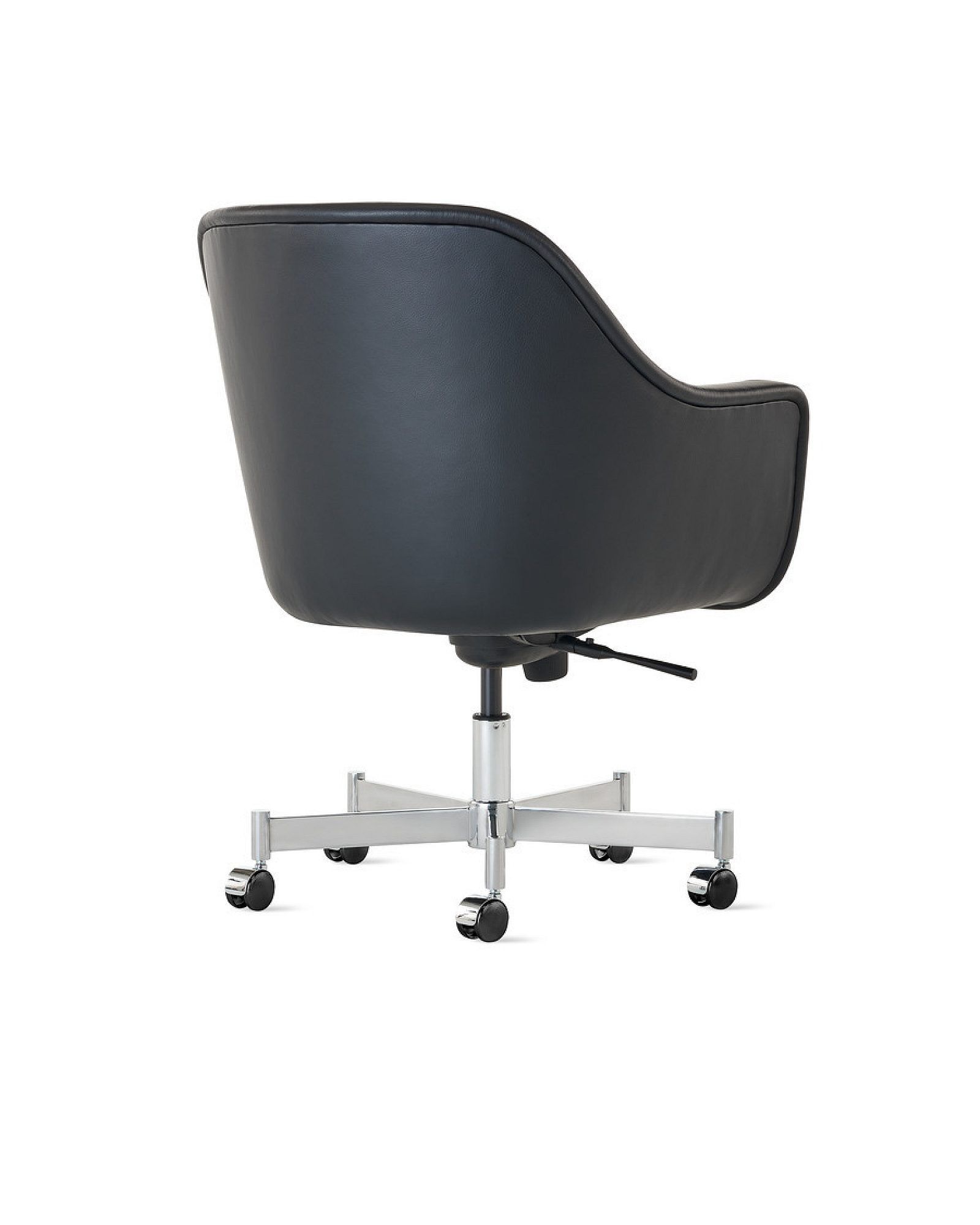 Black office chair with a silver swivel base and caster wheels, shown in side view on a white background