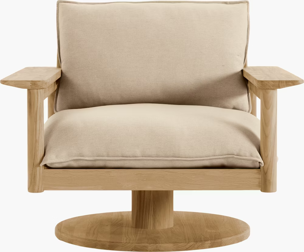 Beige cushioned armchair with wooden arms and circular base on a white background