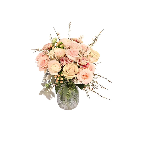 A vase filled with pink roses and other flowers on a white background.