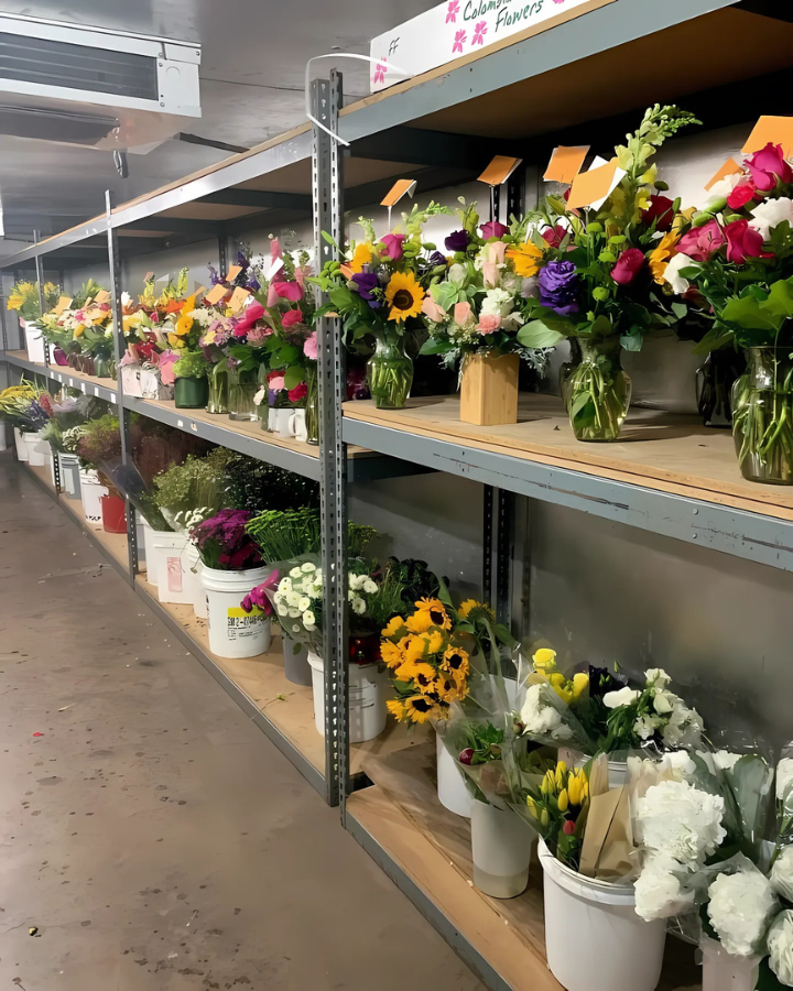 A row of shelves filled with vases of flowers.