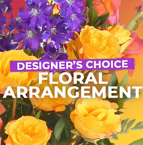 Designer 's choice floral arrangement with yellow roses and purple flowers