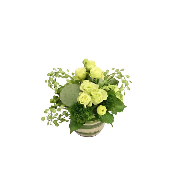 A vase filled with yellow roses and greenery on a white background