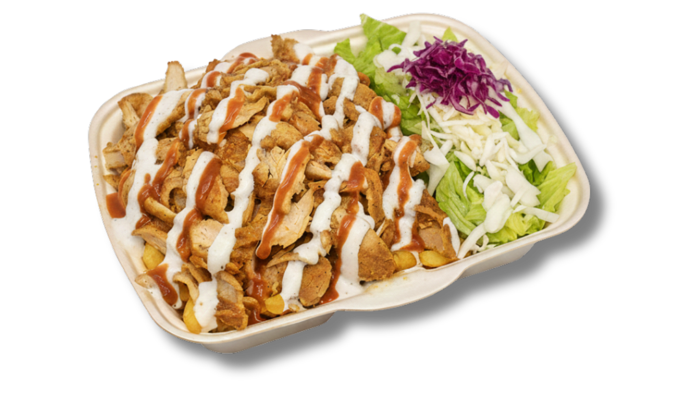 Shawarma und Pommes frites mit Soße und Salat auf einem weißen Tablett.