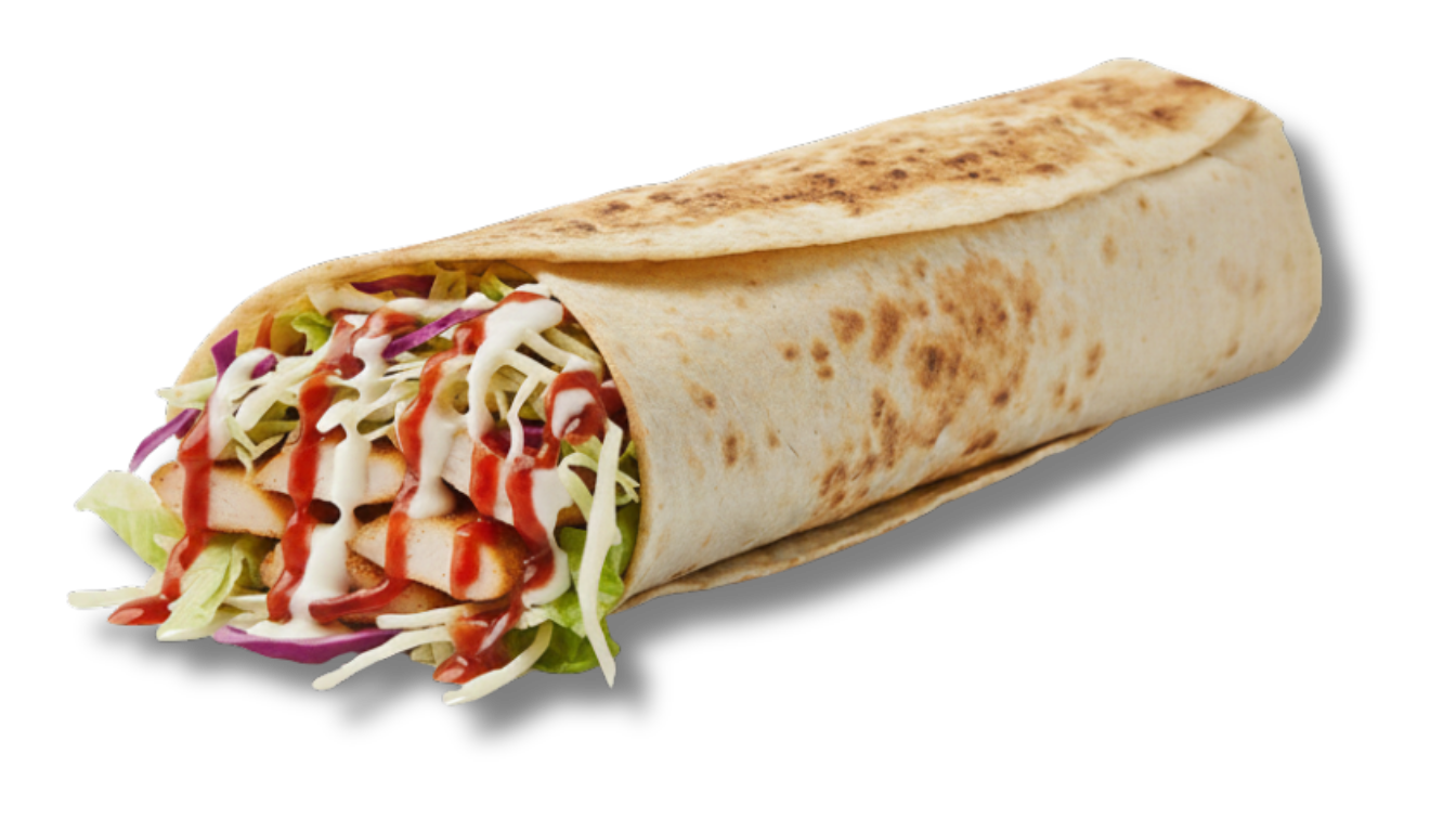 Hähnchen-Wrap mit Salat, Soße und einer Weizentortilla.