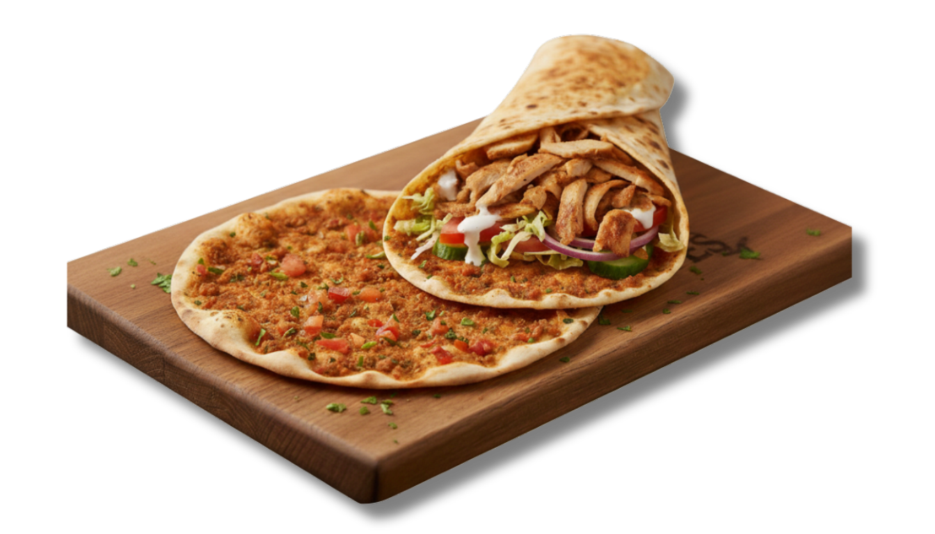 Fladenbrot mit Belag und eine gerollte Wrap mit Fleisch und Gemüse auf einem Holzbrett.