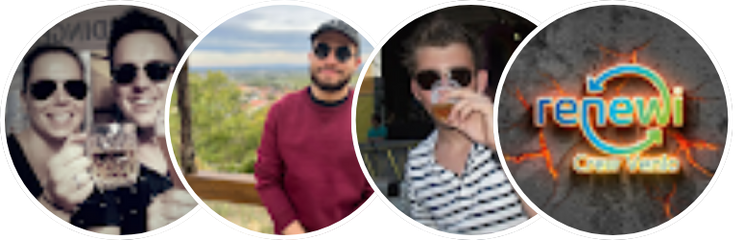 Vier kreisförmige Bilder: Menschen mit Getränken, ein Mann vor einer Aussicht und ein.