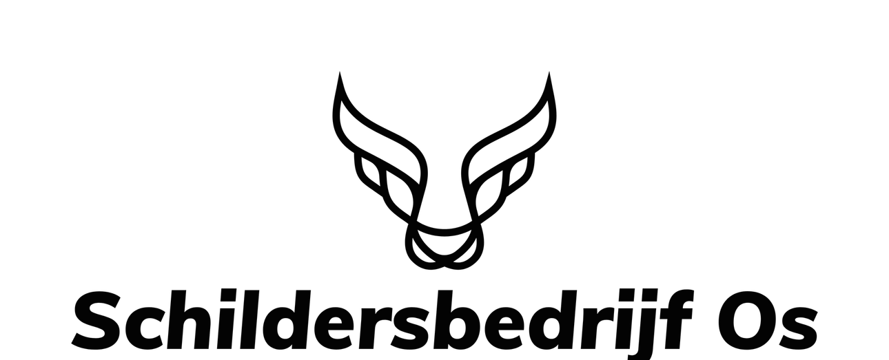 Het logo van schildersbedrijf os is een stier met vleugels op een zwarte achtergrond.