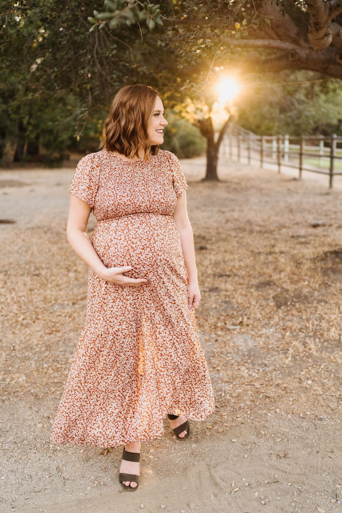 A pregnant woman in a long dress is standing in a field holding her belly.