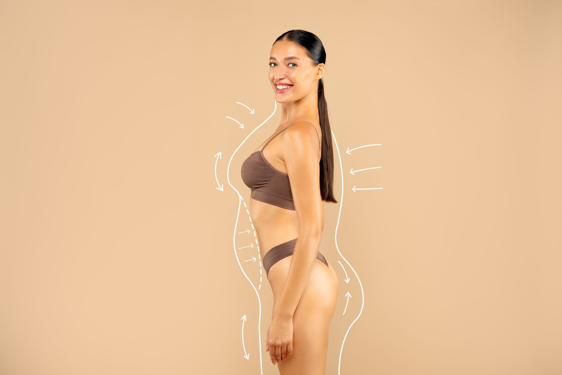 A woman in a bikini is standing in front of a beige background with drawings of her body.