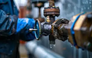 Close-up of red industrial pipes and valves in a mechanical room, with flanged connections and a metal filter system.