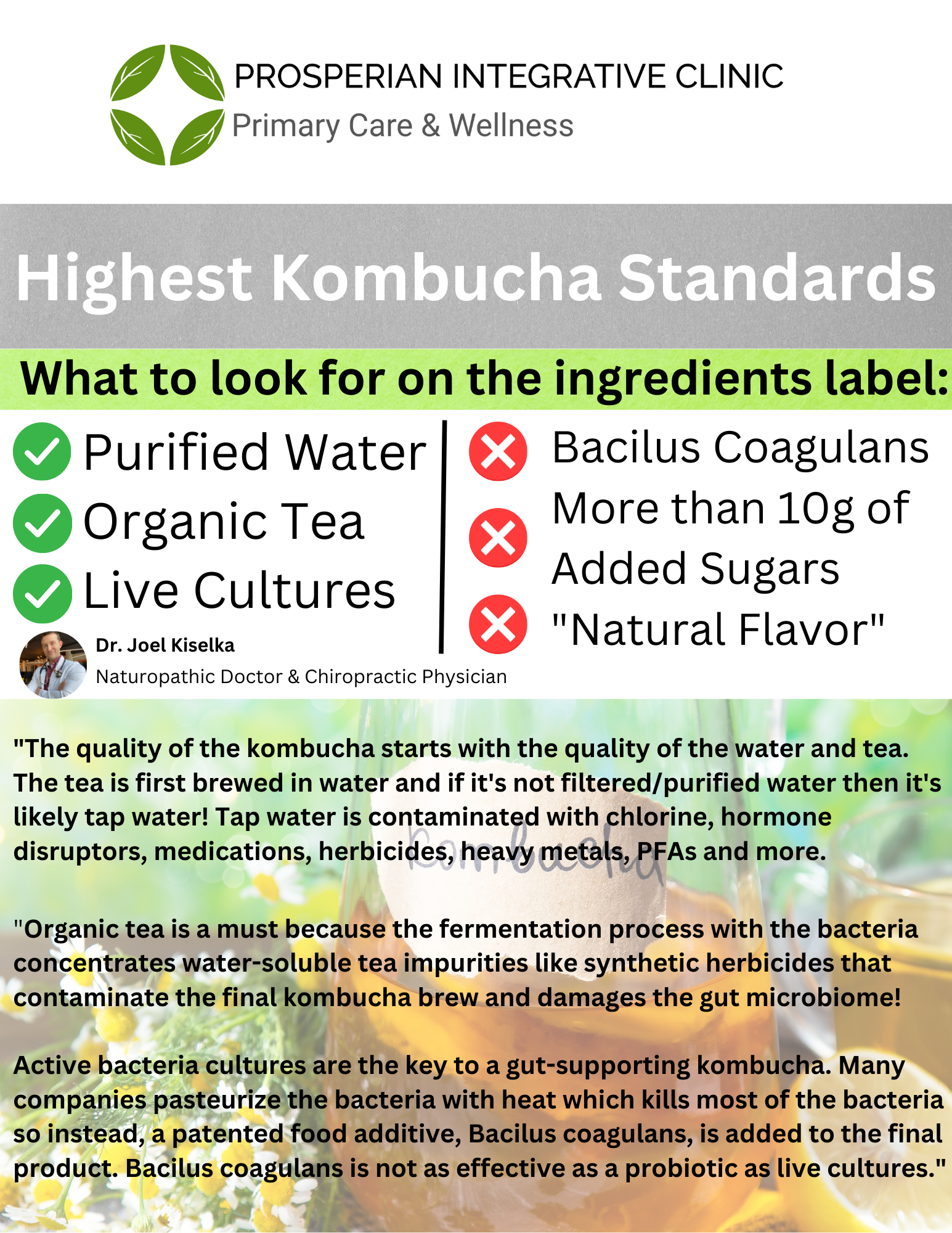 A poster explaining the highest kombucha standards and what to look for on the ingredients label.