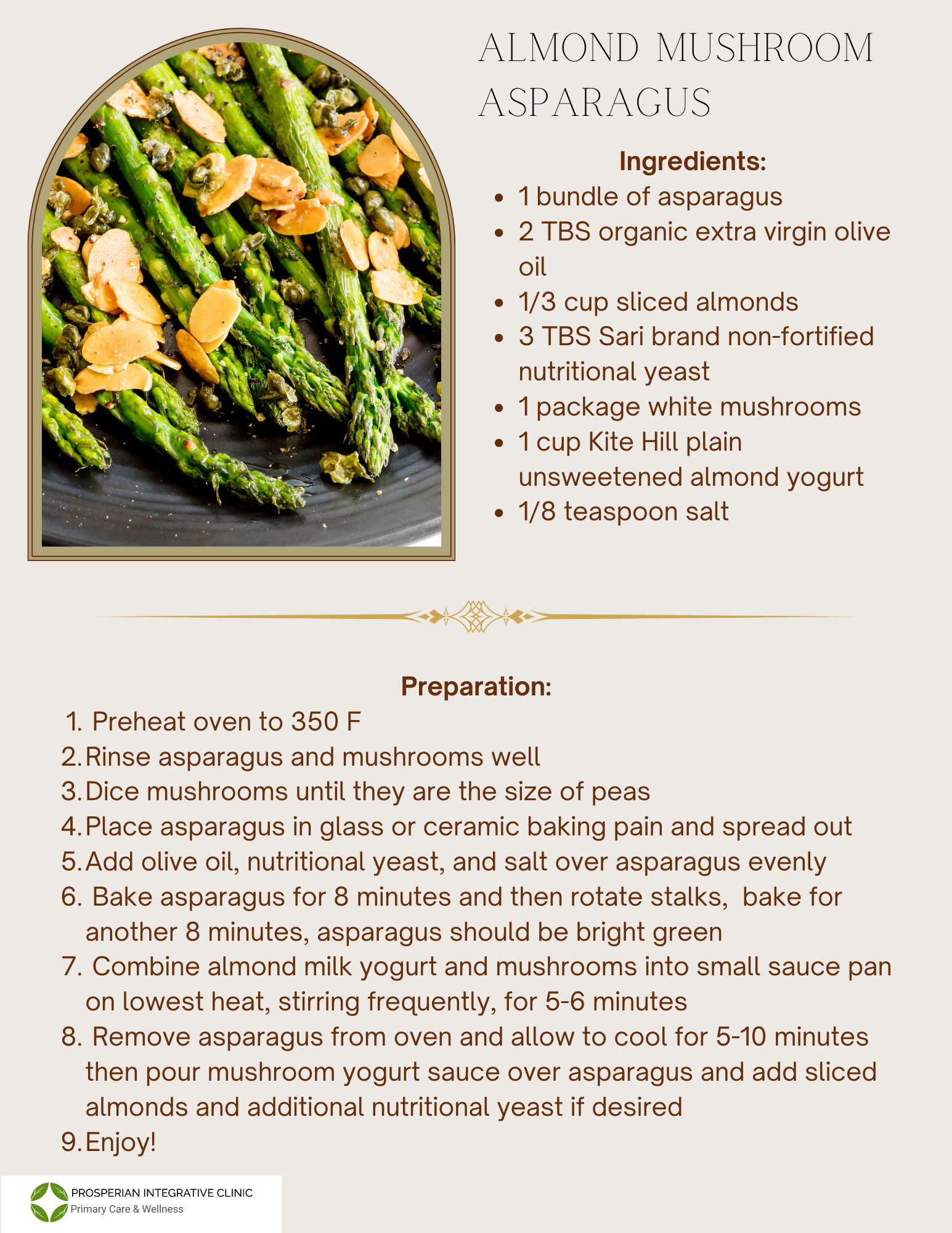 A recipe for almond mushroom asparagus with a picture of asparagus and mushrooms