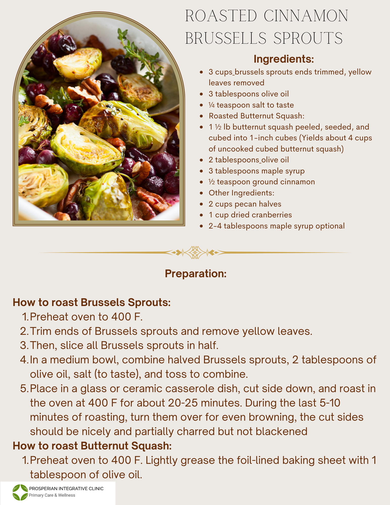 A recipe for roasted cinnamon brussels sprouts with ingredients and instructions