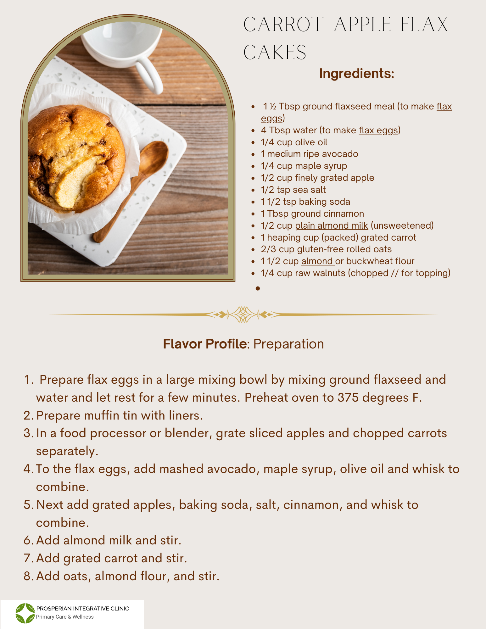 A recipe for carrot apple flax cakes with a picture of a muffin on a table.