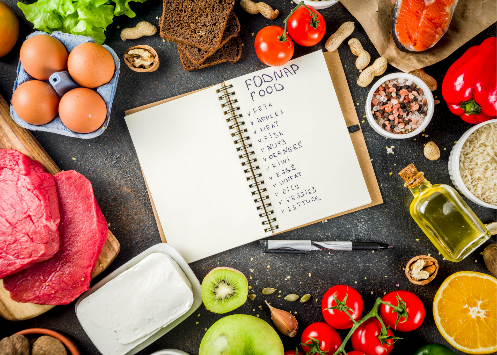 A notebook with a list of foods on it is surrounded by fruits and vegetables.