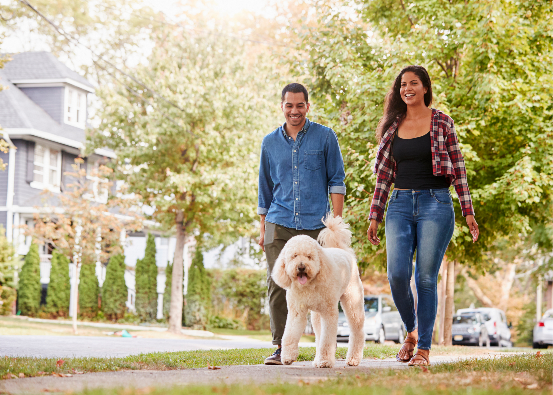 A man and a woman are walking a dog down a sidewalk.